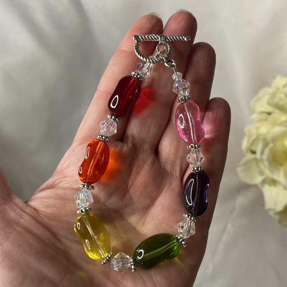 Handcrafted Rainbow Jellybean Bracelet w/crystals - Picture 6 of 7